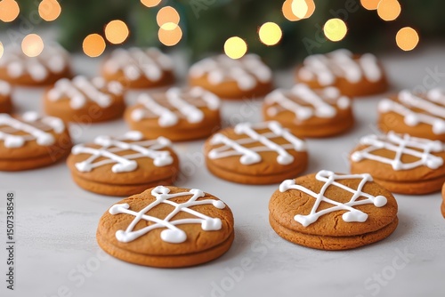 Gingerbread cookies decorated with white icing are arranged on a table with festive lights in the background.