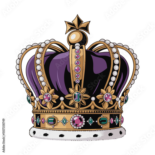 Isolated royal crown adorned with gold, pearls, and jewels stands gracefully on a white background