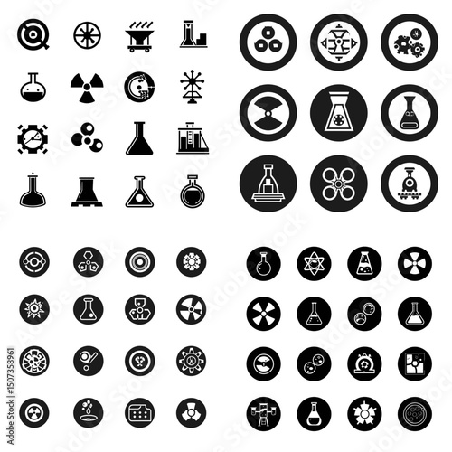 Science Icons: A collection of vector icons relating to science and technology. Depicting various lab equipment and science-related symbols for conceptual use. 