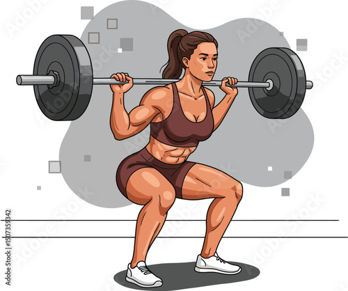Female athlete performing barbell squat exercise for strength training and fitness improvement in gym environment 