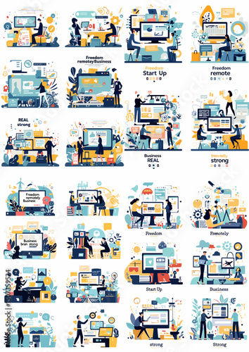 "Set of Business and Start Up concepts: A curated collection of illustrations capturing diverse aspects of the dynamic world of startups and business, showcasing concepts such as freedom, innovation.