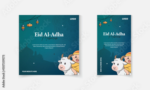 Eid al Adha Islamic festival social media banner and post template design with cute sheep, stars