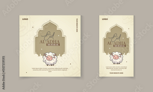 Eid al Adha Islamic festival social media banner, post, story design with cute sheep, stars vector