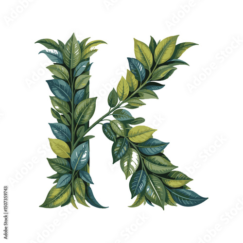 Lush green leaves beautifully compose letter K on a bright background that is transparent