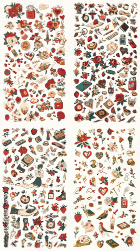 Whimsical Collection of Embellishments: An artful compilation of various embellishments, arranged in a captivating pattern, each element contributing to a theme of vintage and beauty.