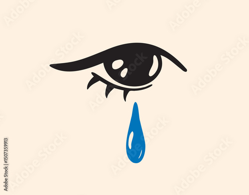 crying eye with tear hand drawn rerto 70s style poster art. sadness crying eye icon isolated, beautiful female eye and blue tear