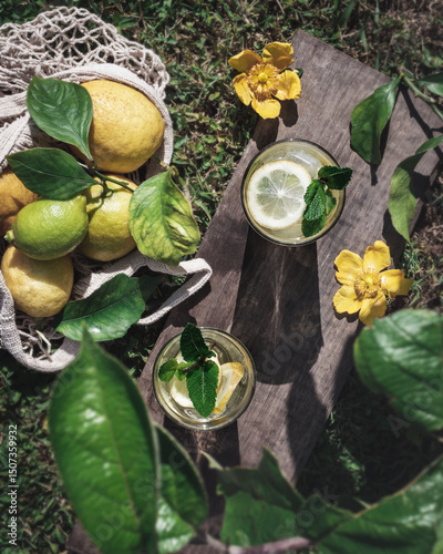 Refreshing lemon drink with fresh mint and citrus photo