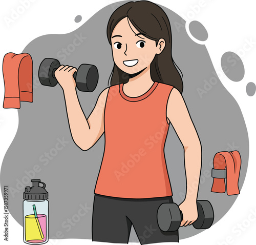 Young woman exercising with dumbbells wearing orange tank top and black pants at home workout session 
