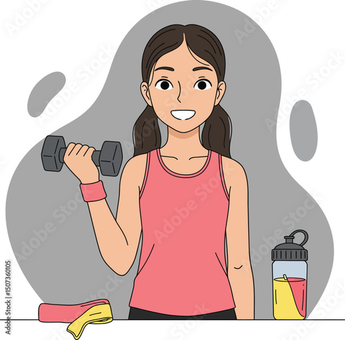 Young woman exercising with dumbbell and sports bottle fitness and healthy lifestyle illustration 