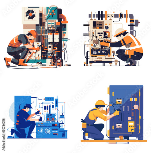 Maintenance Professionals at Work: A series of illustrations showing technicians meticulously inspecting and working on electrical equipment, depicting expertise and precision in action.