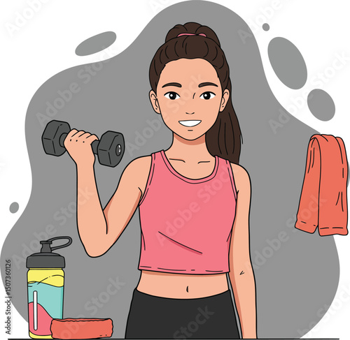 Young woman exercising with dumbbell in gym setting wearing pink top smiling fitness illustration 