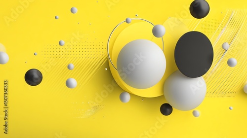 Abstract 3D Yellow Background with Floating Spheres and Geometric Shapes: Modern and Minimalist Design for Branding and Marketing