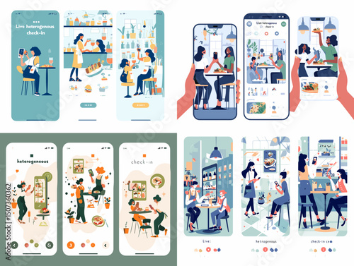 Mobile App Scenes: A visually engaging collection of illustrations depicting everyday life scenes on smartphone screens, perfect for app design or creative projects.