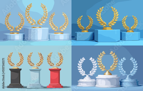 Gold Wreath Award: Stunning visuals of various awards with a gold wreath. Each award features a pedestal, symbolising achievement, and the gold wreath denotes victory.
