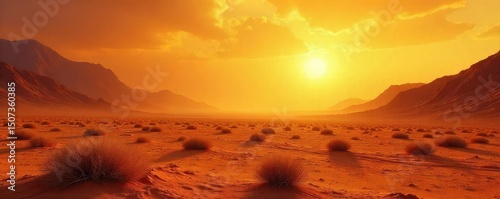 A desolate, sun-baked landscape shimmering with heat haze, radiating intense summer heat The air itself seems to vibrate with thermal energy , cracked earth, ambient heat photo