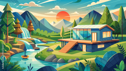 An eco-friendly retreat nestled in a scenic landscape showcases sustainable living with rainwater harvesting systems, blending natural beauty with modern green innovation for a harmonious and responsi
