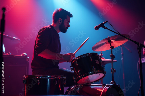 A musician sitting at a drum kit with a microphone ready to perform