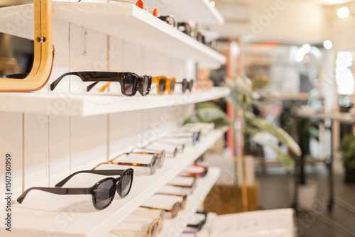 Sunglasses displayed in stylish retail shop setting photo