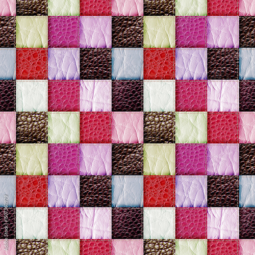 seamless leather patchwork background, red, purple, brown, 3D illustration