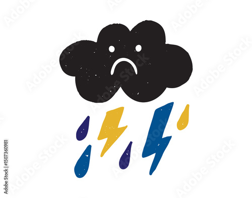 Sad blue cartoon doodle cloud lightning and raindrops. anxiety, anxiety and depression. Sadness mental health.