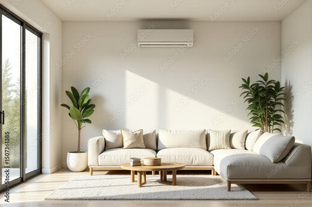 Fototapeta premium A modern living room with a comfortable couch, coffee table, and air conditioner