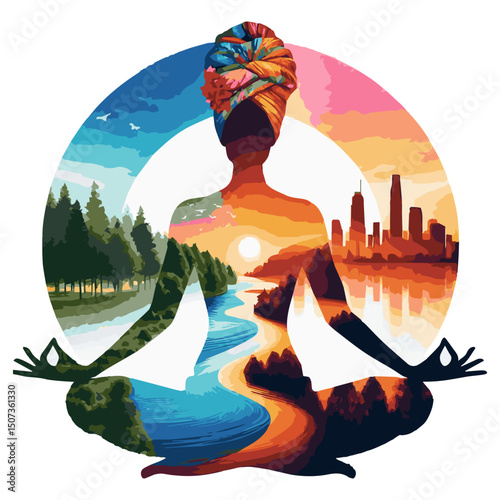 A multicolored silhouette of a meditating girl inside which a forest and a city are inscribed as symbolizing the harmony of technology and nature. Inner peace. Vector graphics. EPS.
