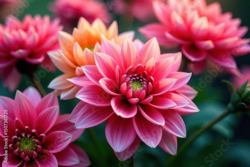 Intricate dahlia blooms, vibrant colors, lush petals, wallpaper, design, retro