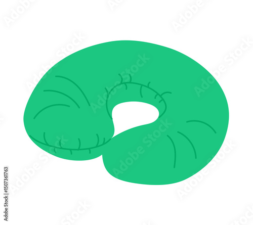 Green neck travel pillow in simple hand drawn vector style. Represents comfort, rest and travel support concept.