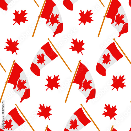 Seamless pattern with waving Canadian flags and maple leaves in hand drawn vector style. Symbolizes national pride, patriotism and Canadian identity concept