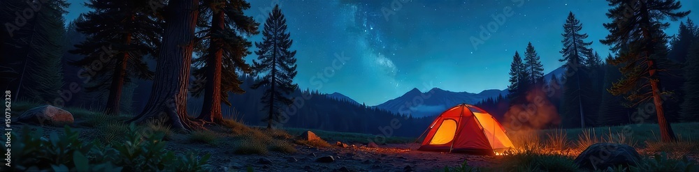 A crackling campfire under a starlit summer sky, illuminating a tent nestled amongst towering pine trees The perfect summer camping scene evokes tranquility and adventure , starry night, woods A crackling campfire under a starlit summer sky, illuminating a tent nestled amongst towering pine trees The perfect summer camping scene evokes tranquility and adventure , starry night, woods