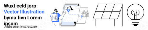 Person exploring digital maps, pinned locations, solar panel graphic, and light bulb illustration represent clean energy, innovation, and sustainability. Ideal for eco-technology, green energy
