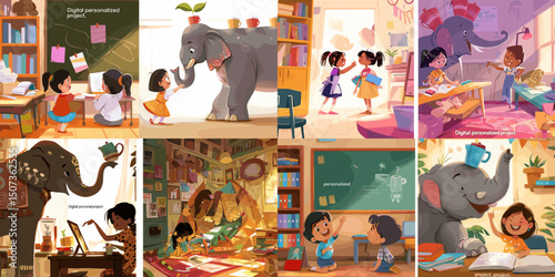 Kindness and Learning: A composite illustration depicting a series of heartwarming scenes of childhood. A celebration of youthful learning, kindness, and imagination.
