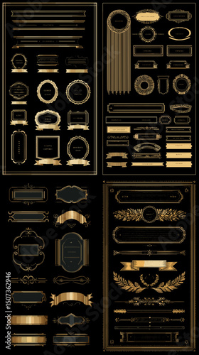 Golden Embellishments: A luxurious compilation of ornate golden frames, borders, and design elements on a dark backdrop. Evoking a sense of elegance and refinement for various design projects.
