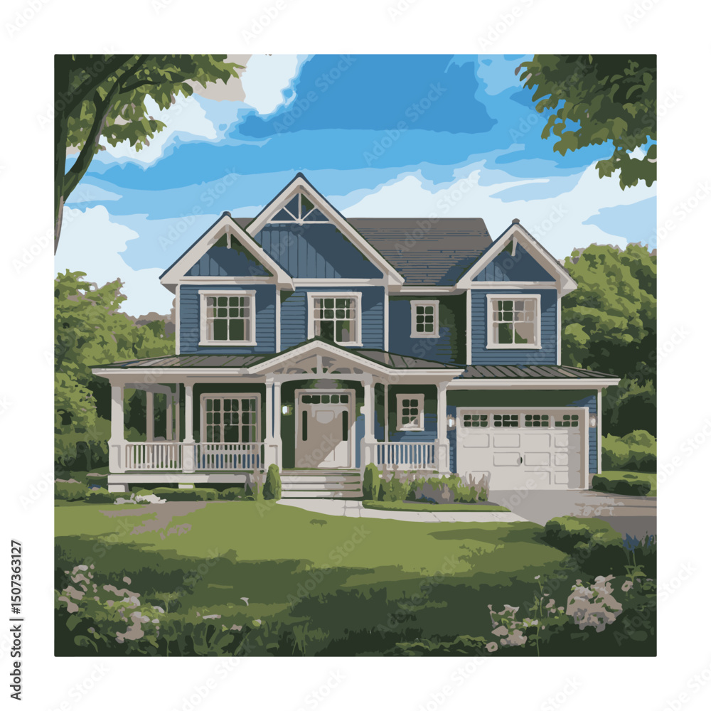 Obraz premium Two story blue house showcases a covered porch and attached garage on a grassy yard
