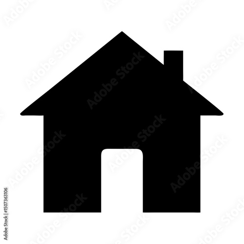 A simple, solid black silhouette icon of a house with a door and chimney. This minimalist vector graphic is ideal for web design, app interfaces, and representing concepts like home, property,