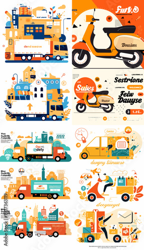 Delivery Services: A vibrant compilation of illustrations depicting a variety of delivery vehicles, from trucks to scooters. Showcasing the speed and convenience of transporting goods.