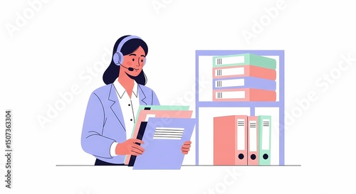 Woman with Headset Holding Files in Office for Customer Service