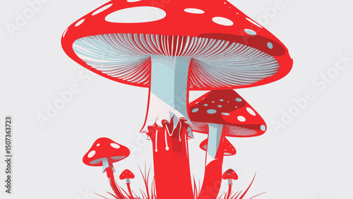 Stylized graphic illustration of bright red mushrooms with bold shapes and minimalist style