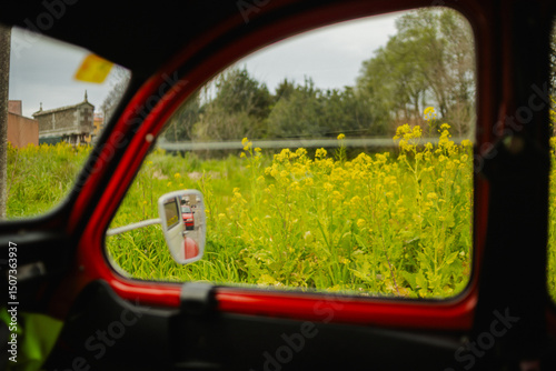 Classic Citroen Car Through Rear View Mirror