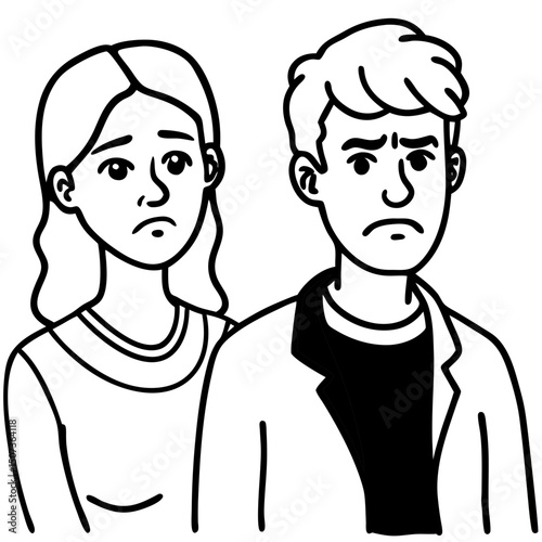 Frustrated couple looking serious with upset expressions in black and white  