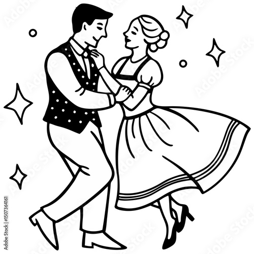 Vintage couple dancing joyfully in celebration with stars around  