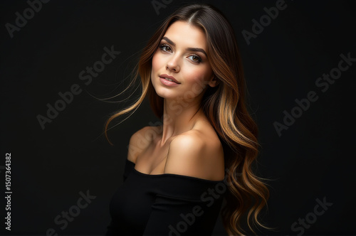 A beautiful young woman with long brown hair sitting or standing, possibly in a studio setting