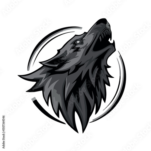 A bold, vector-style illustration of a howling wolf head facing upwards. Designed in monochrome shades of gray and black, with sharp, clean lines and soundwave elements to emphasize the howl, set on a