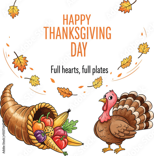 Autumn Harvest Greetings with Turkey, Happy Thanksgiving Day Celebration Illustration