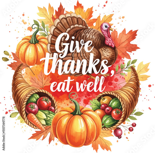 Give Thanks Eat Well Thanksgiving Watercolor, Festive Thanksgiving Turkey and Cornucopia