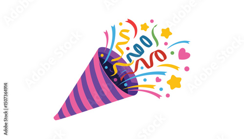 Colorful Party Popper Explosion with Confetti, Streamers, Hearts and Stars – Celebration Vector Illustration