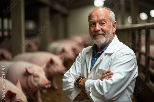 A person standing with a group of pigs, likely in an agricultural or farm setting