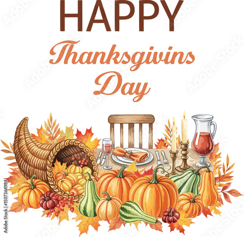 Happy Thanksgiving Day Feast Illustration, Thanksgiving Table Setting with Cornucopia