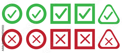 Green check marks and red crosses vector buttons or icons. Sign no and yes mark.