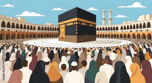 Illustrative depiction of the Kaaba in Mecca, surrounded by a vast gathering of pilgrims during Hajj